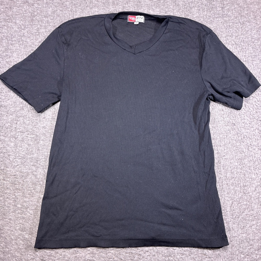 Vintage IZITU V-Neck T-Shirt Mens M Black Ribbed Cotton Blend USA Rave Dance EDM